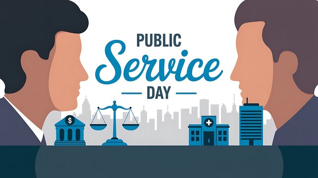 Public service day illustration with professional people facing each other and icons of government and public services