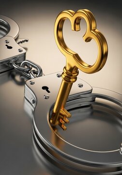 Golden Key Unlocking Handcuffs Symbolizing Freedom and Justice.