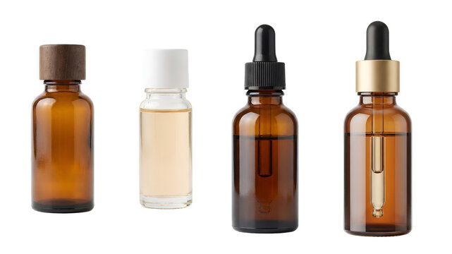 Assorted glass dropper bottles and skincare serum containers showing luxury cosmetic packaging with wooden caps and gold accents isolated in high quality detail on transparent background.