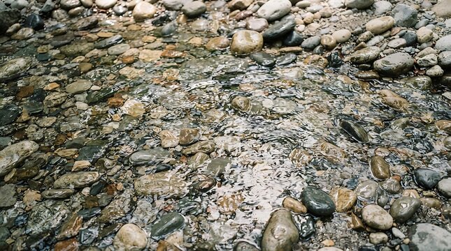 Clear flowing water over smooth river stones in a shallow mountain stream.