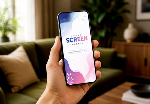 Smartphone Screen Mockup Held by Hand in Cozy Living Room