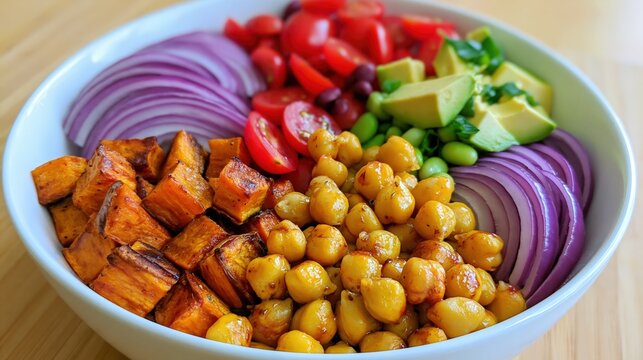 Vibrant salad bowl filled with fresh ingredients and roasted vegetables offers a healthy meal option.