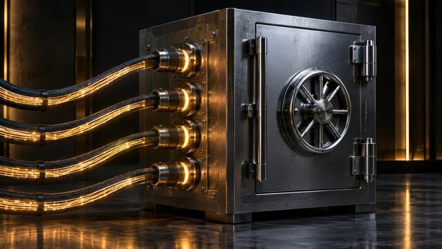 Heavy steel bank vault connected with glowing fiber optic cables