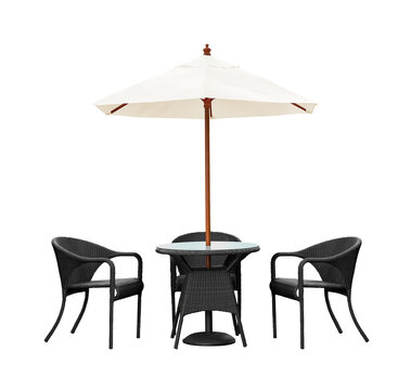 Outdoor table and chair patio set features a modern design crafted from black synthetic rattan, complete with a glass-topped table and a cream-white umbrella isolated on white background