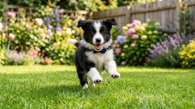Excited black and white border collie puppy running joyfully across a vibrant green lawn in a sunny backyard garden surrounded by colorful blooming