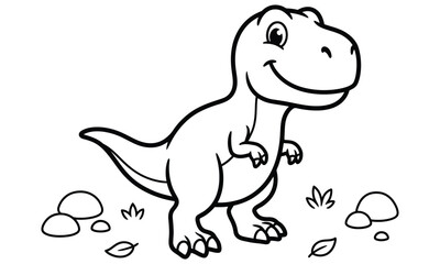 Obraz premium Cute Cartoon Baby T-Rex Standing with Leaves and Stones Coloring Page