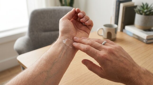 Close-up of a man's hand applying moisturizer or balm to his wrist, with a ring visible on his finger. Modern office or home office background.