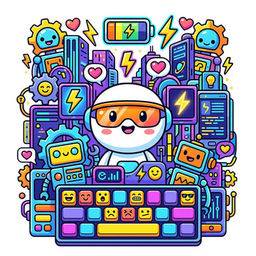 A happy friendly robot character wearing smart glasses types on a colorful keyboard surrounded by digital circuitry and various electronic gadgets representing advanced technology and automation