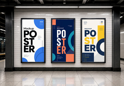 Triple Vertical Poster Mockup on Subway Station Tiled Wall
