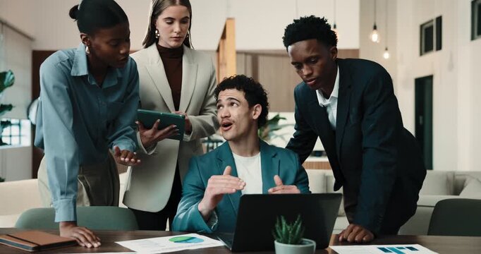 Finance, discussion and team in office with laptop, group feedback or budget analysis in meeting. Business, people or stats analyst in agency with tech, collaboration or forecasting on revenue report