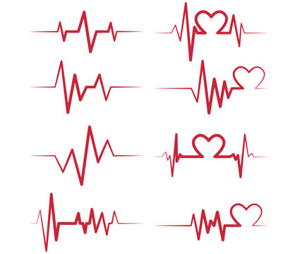 Set of red heartbeat pulse lines with heart shapes for medical and healthcare design concepts.