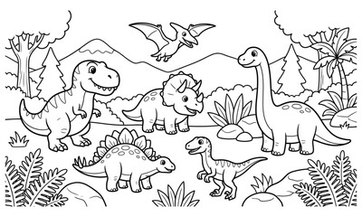 Cute Cartoon Dinosaurs Group in Prehistoric Valley Coloring Page for Kids © Roni