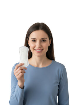 A smiling young woman holding a white feminine hygiene sanitary pad in her hand against a solid black background, for women health, care products isolated on a transparent background