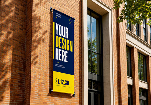Vertical Hanging Banner Mockup on Red Brick Building Facade
