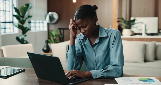 Laptop, stress and black woman with headache in office for mistake, financial crisis or debt review. Tired, female person or pain with migraine or brain fog on computer for bankruptcy in workplace