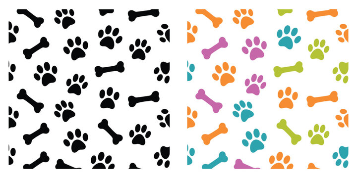 dog paw seamless pattern vector illustration, black cat paws and bone pattern for pet themed backgrounds