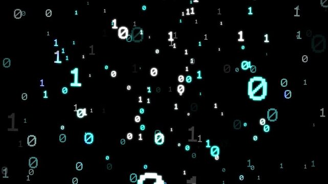 Animated binary numbers on black background, digital code pattern, programming, and software engineering