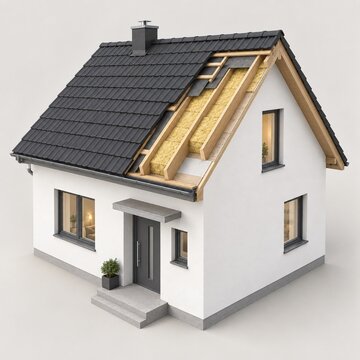 House roof cutaway showing thermal insulation layers