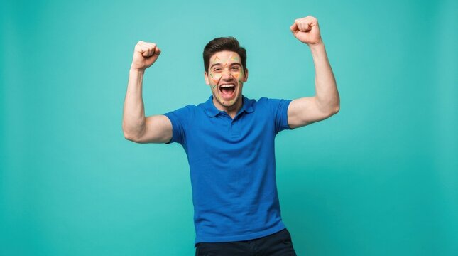 Excited young man in blue polo shirt celebrating success with raised fists screaming with joy looking at camera isolated on vibrant teal background