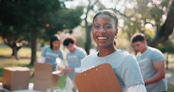 Woman, volunteer or face in nature with clipboard, aid or happy for community outreach. NGO coordinator, portrait or team in park for food drive, social responsibility or donation project for charity