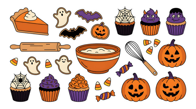 Collection of Hand Drawn Halloween Baking Elements Featuring Pumpkins Cupcakes and Sweet Treats