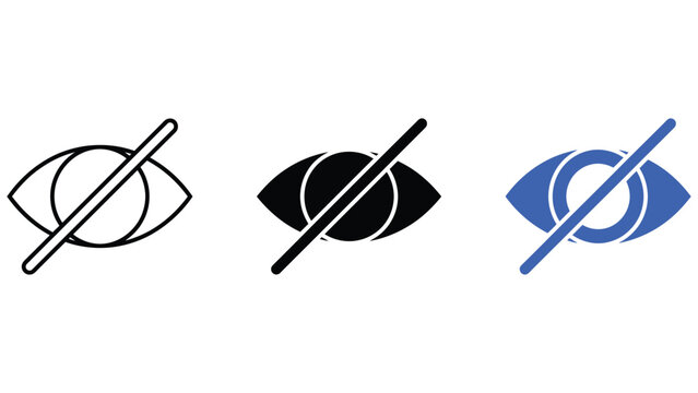 Three variations of a hidden or private eye featuring an eye symbol with a diagonal slash, shown in outline, solid black, and blue styles