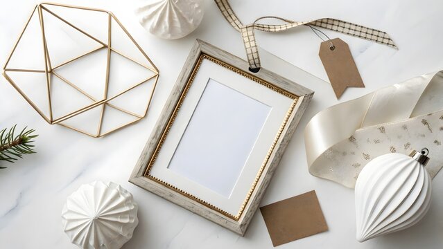 Picture frame surrounded by holiday ornaments and geometric wire sculpture on a white marble surface.