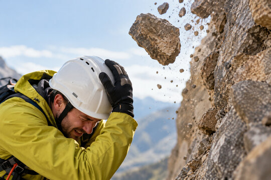 Climber protecting himself from falling rocks during mountain ascent  