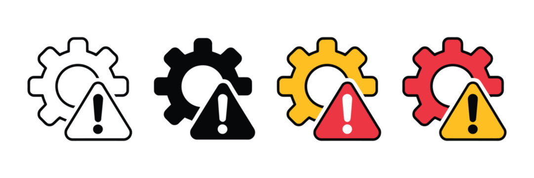failure icon set with gear and exclamation mark for malfunction, error and system warning
