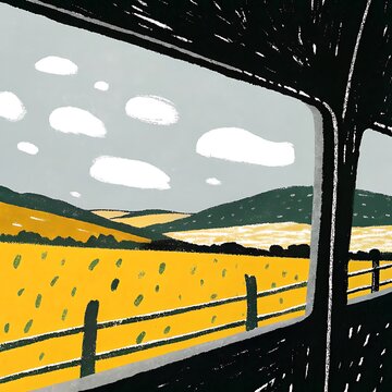 View of a yellow field and rolling hills from a train window in a stylized illustration