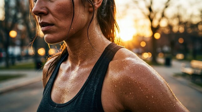 Exhausted athletic woman taking a break after intense outdoor workout session at sunset with sweat dripping on glowing skin during warm evening