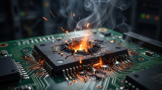 Exploding Electronic Circuit Board Component Overheating and Catching Fire Causing Severe Hardware Failure and Destruction