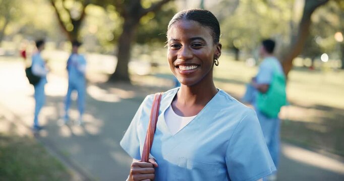 Face, intern and happy woman in park for nursing school for medical scholarship or residence. Portrait, female person or healthcare internship with smile for outdoor medicine, learning or education