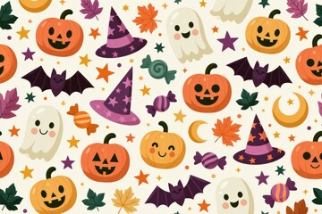 Fototapeta premium Cute halloween elements creating a seamless festive background