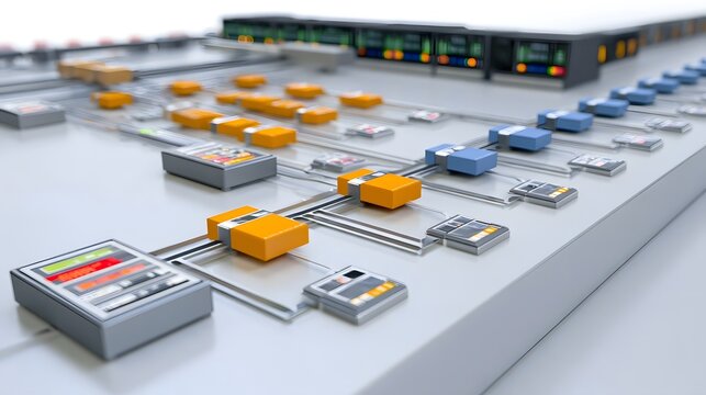 Modern industrial control panel with colorful modules and digital displays showing ope nal status and system connectivity