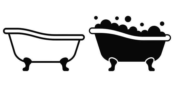 bathtub icon set, bathroom bath tub with foam and water in outline and silhouette style for hygiene and cleaning