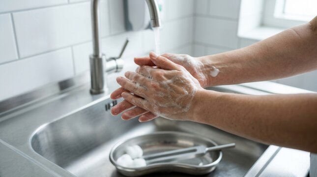 Close-up of gloved hands washing with soap and water in a sterile medical sink, promoting hygiene and infection control.