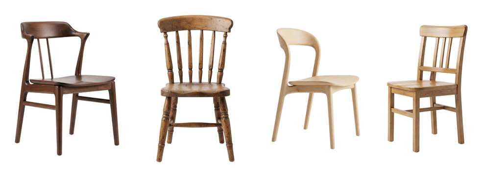 Four diverse wooden dining chairs showcasing various styles of natural oak and walnut craftsmanship arranged neatly in a studio setting displayed isolated on transparent background