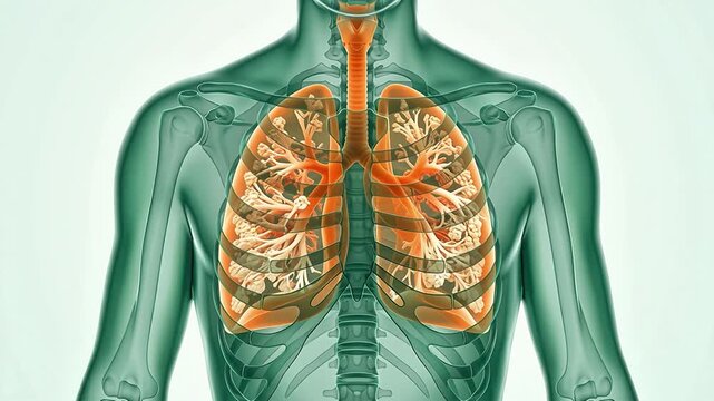 3D medical animation of the human respiratory system showing the lungs and bronchial tree in a transparent male torso