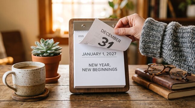 Hand removing december 31 calendar page with new year message on wooden table with marked december january