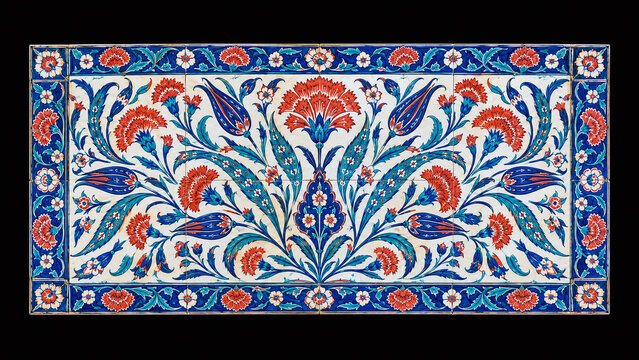 Iznik tile ceramic panel traditional handcraft dense pattern dark background cultural heritage art