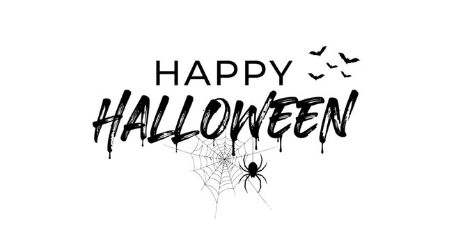 Happy halloween text design with dripping ink effect and small spider and bats on a white background