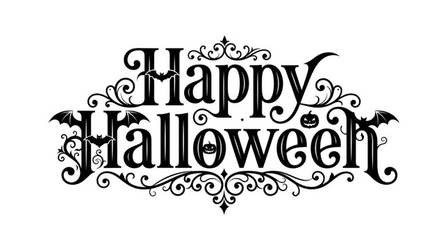 Elegant black happy halloween text design with ornate vintage flourishes and decorative gothic typography isolated on white