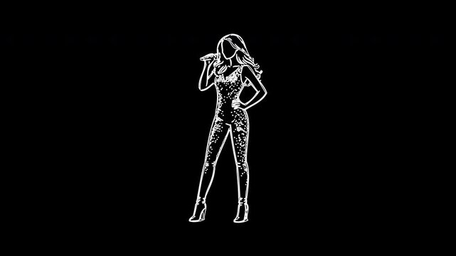 White line drawing of a pop star singing on black background