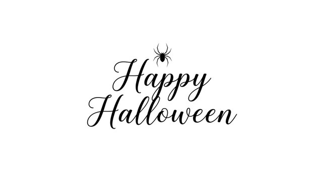 Elegant black happy halloween typography design with a small spider icon isolated on a clean white background