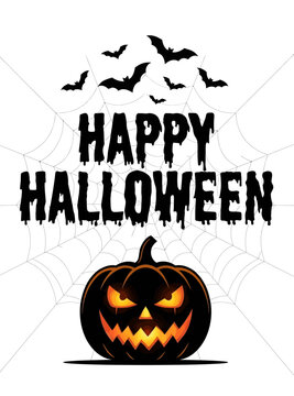 Happy halloween greeting card design with a scary glowing jack o lantern pumpkin bats and spider web background