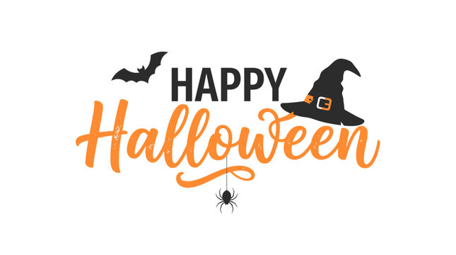 Happy halloween greeting card design with a witch hat bat and spider on a clean white background