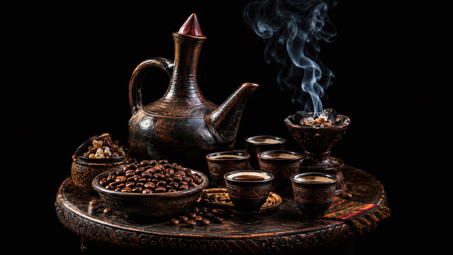 Ethiopian coffee ceremony dark set dark moody overhead composition traditional cuisine food photography