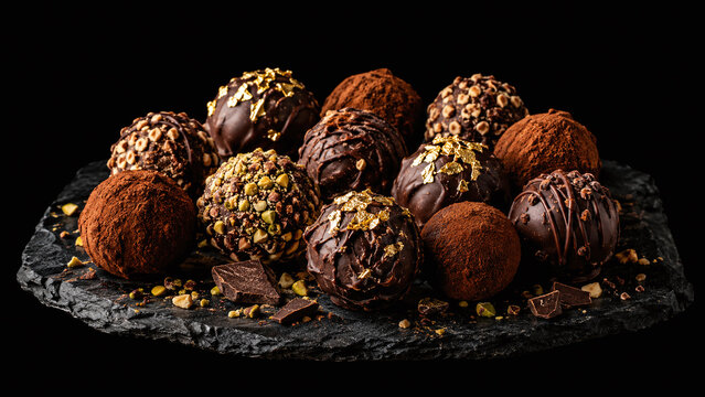 Dark chocolate truffle assortment dark moody overhead composition traditional cuisine food photography