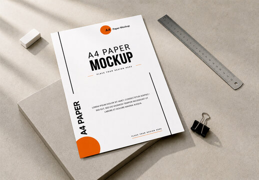 A4 Paper Mockup with Stationery on Concrete Background